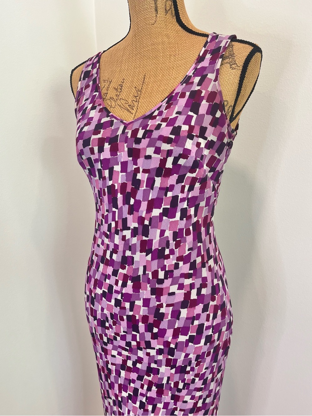 Karen Kane 100% Silk Bias Cut Stretch Maxi Dress Abstract Purple Size Small - Picture 2 of 16